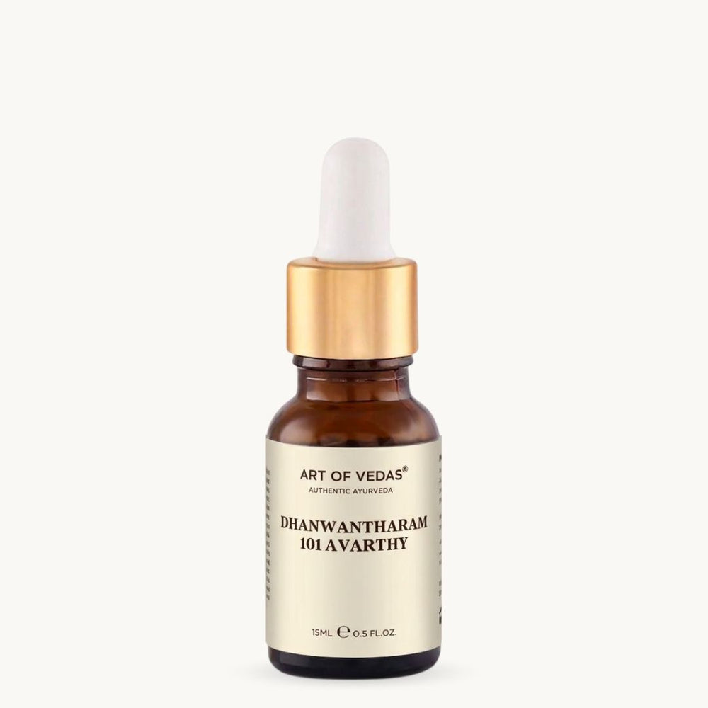 Art of Vedas Dhanwantharam 101 Avarthy 15 ml, klasični ajurvedski Thailam u pripremi 101 Avarthy, tradicionalno korišten za masažu Abhyanga